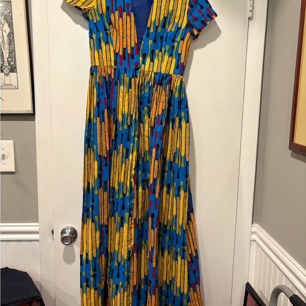 Vibrant west African Blue and Yellow Maxi Dress - handmade sz s-m